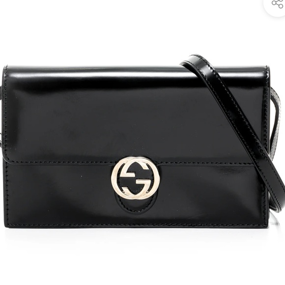 GUCCI GG INTERLOCKING ICON WALLET CROSSBODY BLACK CALFSKIN SILVER TONE HARDWARE - Picture 1 of 16